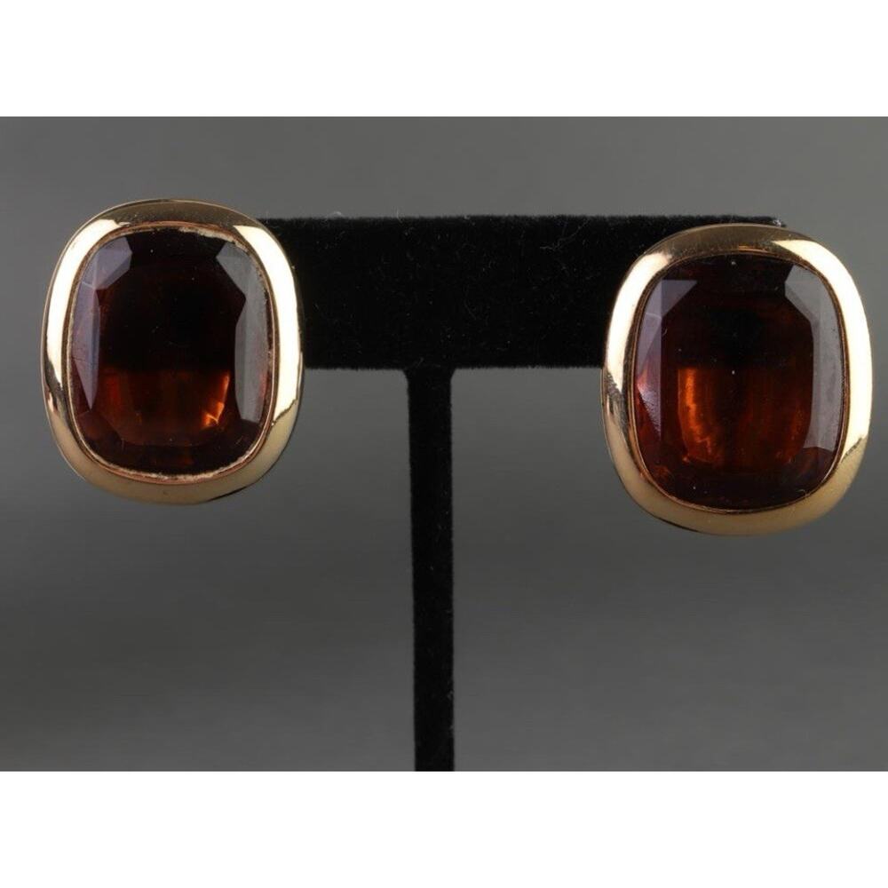 Joan Rivers Vintage Dark Brown Very Large Faux Stone Clip On Earrings (C348) - Picture 3 of 8